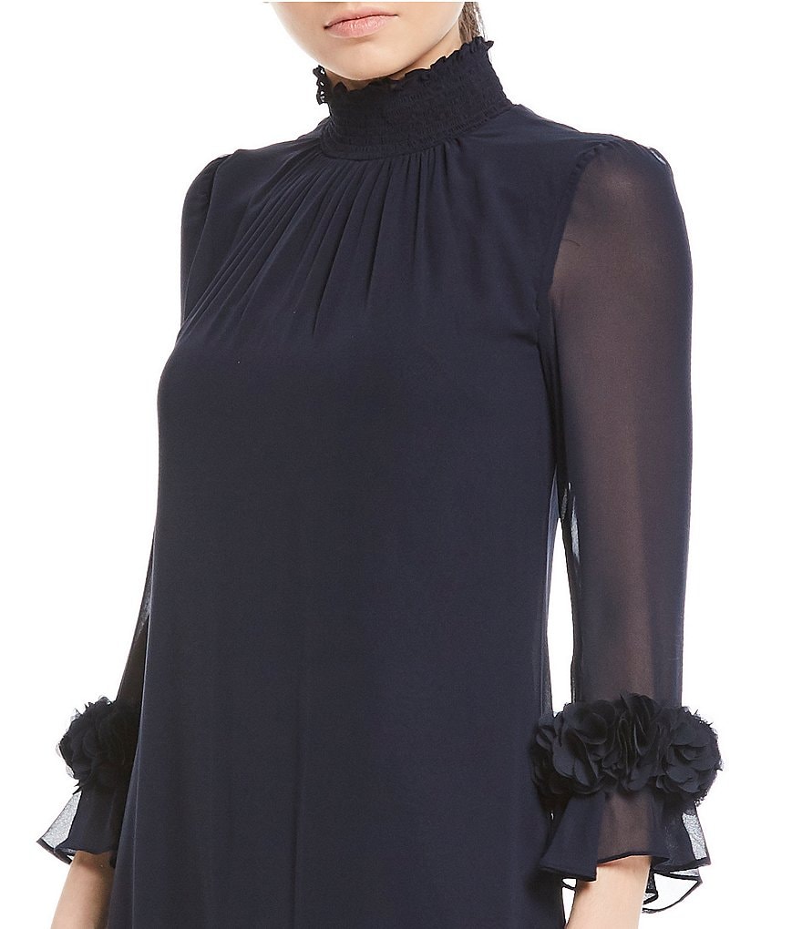 Alex Marie Amelia Mock Smocked Mock Neck Floral Petal Detail Illusion 3/4 Sleeve Chiffon Dress