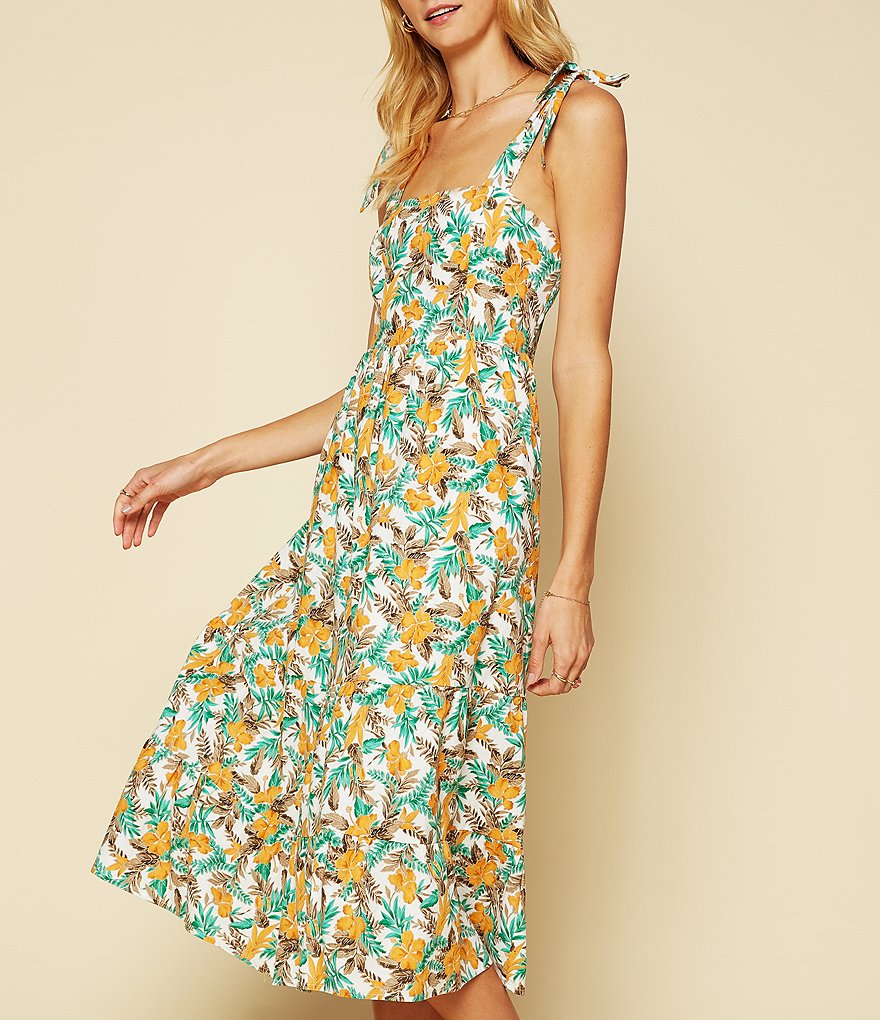 Skies Are Blue Floral Print Tie Shoulder Strap Midi Dress