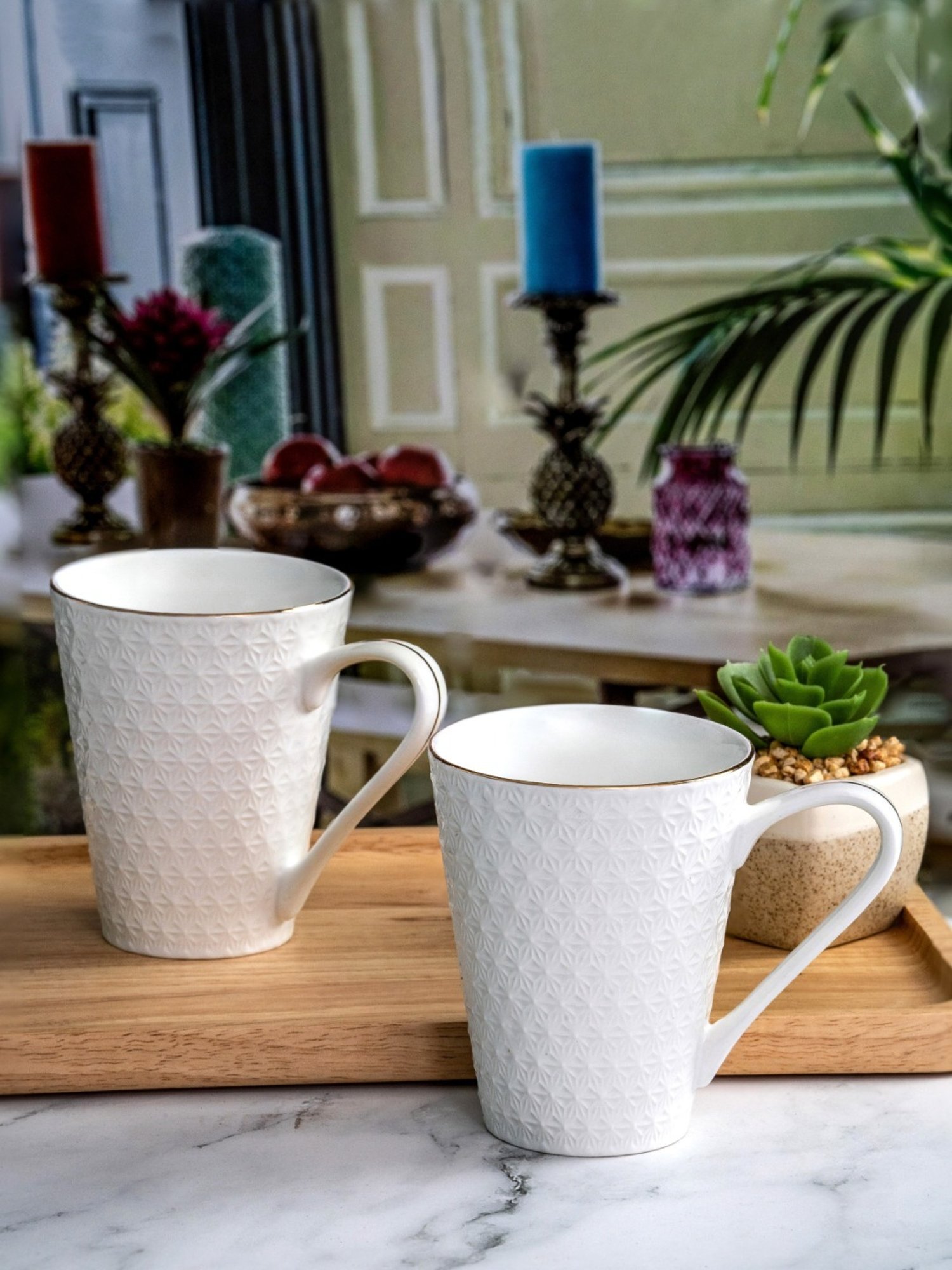 White Gold White Porcelain Emboss Coffee Mug - Set of 2