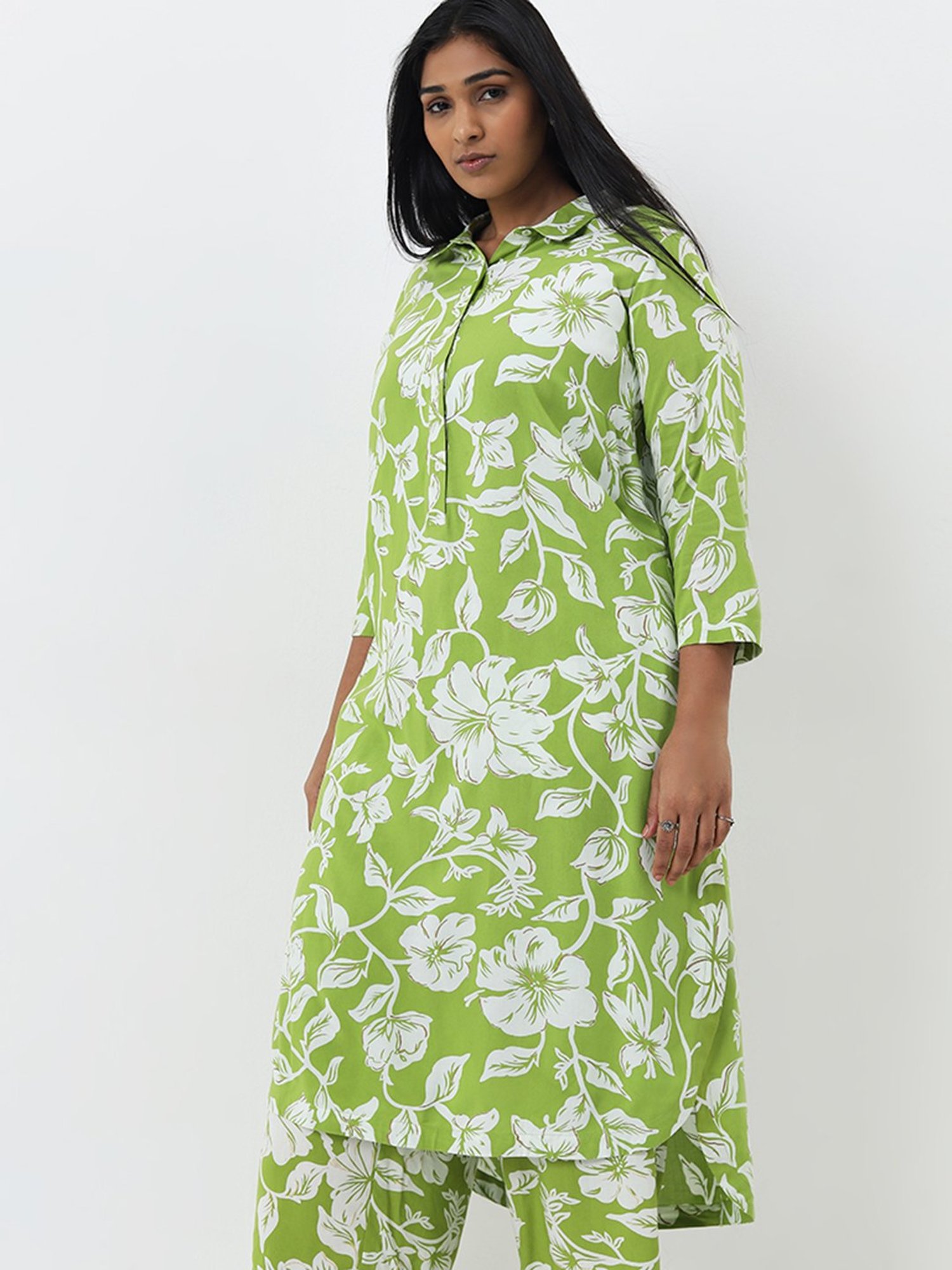 Diza by Westside Green Floral Patterned A-Line Cotton Kurta