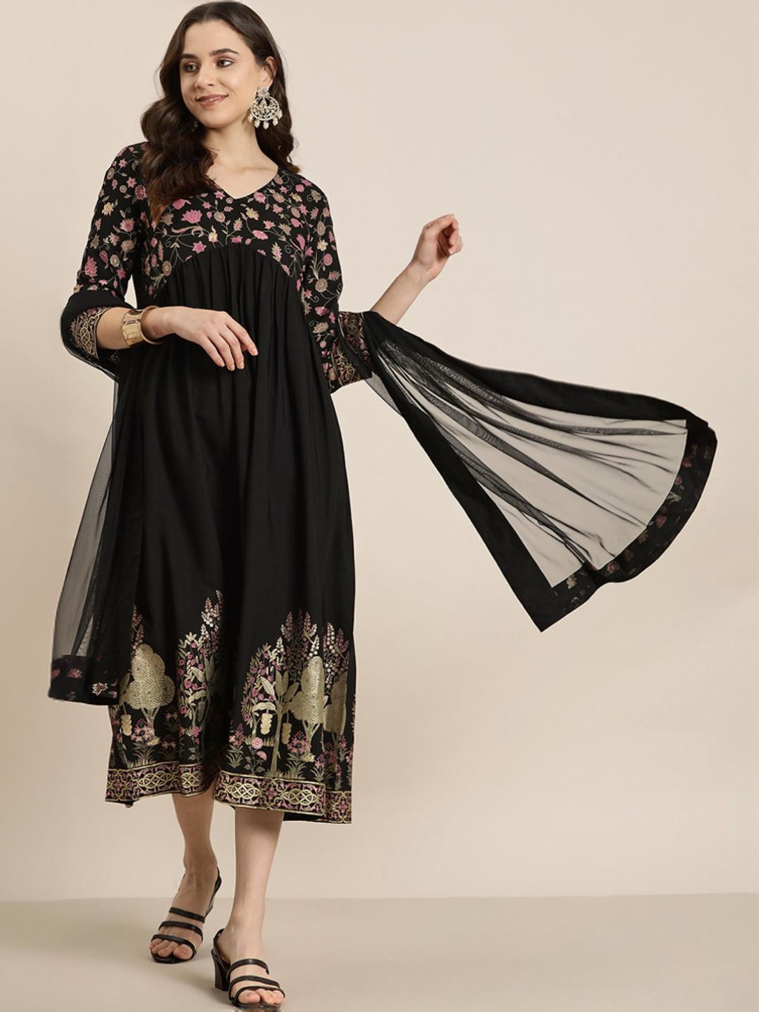Ziyaa Black Printed A-Line Dress With Dupatta