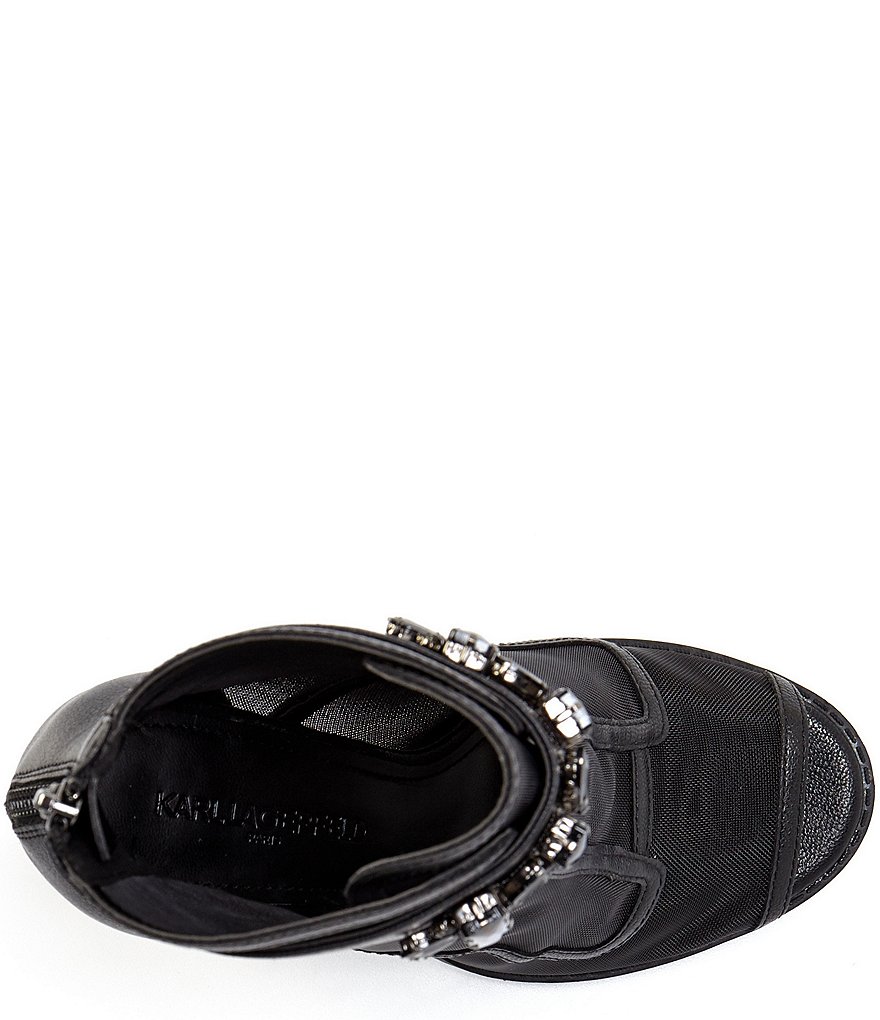 KARL LAGERFELD PARIS Blayze Embellished Ornament Strap Detail Peep Toe Shooties