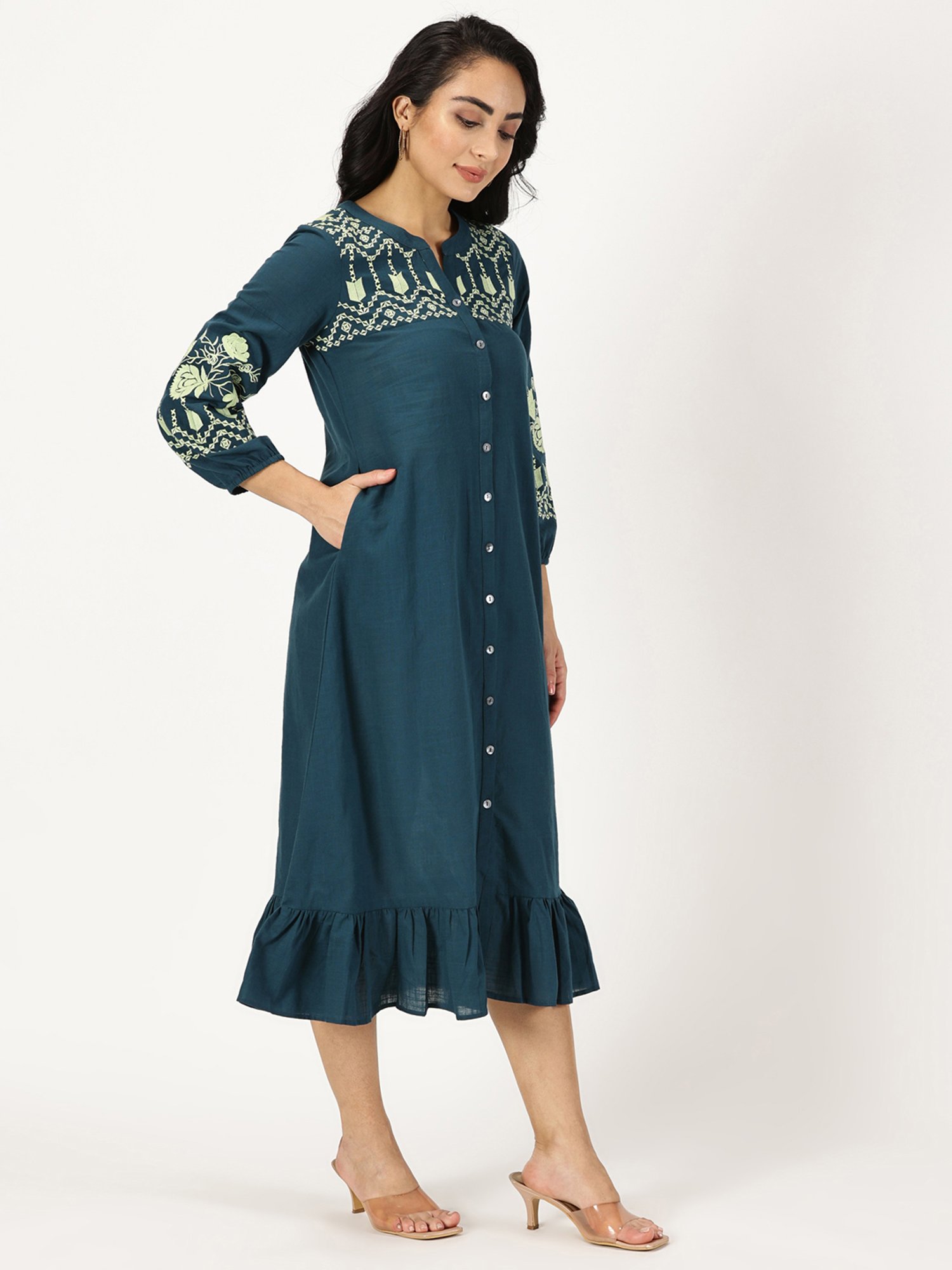 Saffron Threads Teal Cotton Embroidered Ethnic Dress