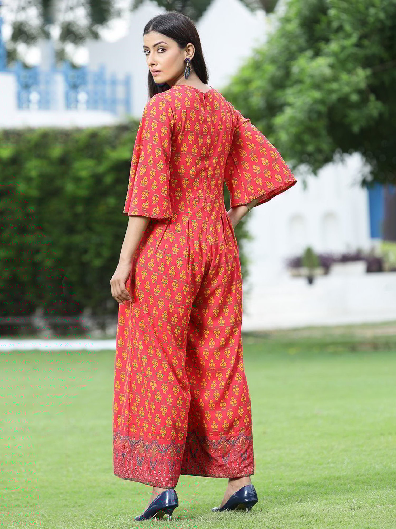 Juniper Coral Ethnic Motif Printed Rayon Flared Jumpsuit