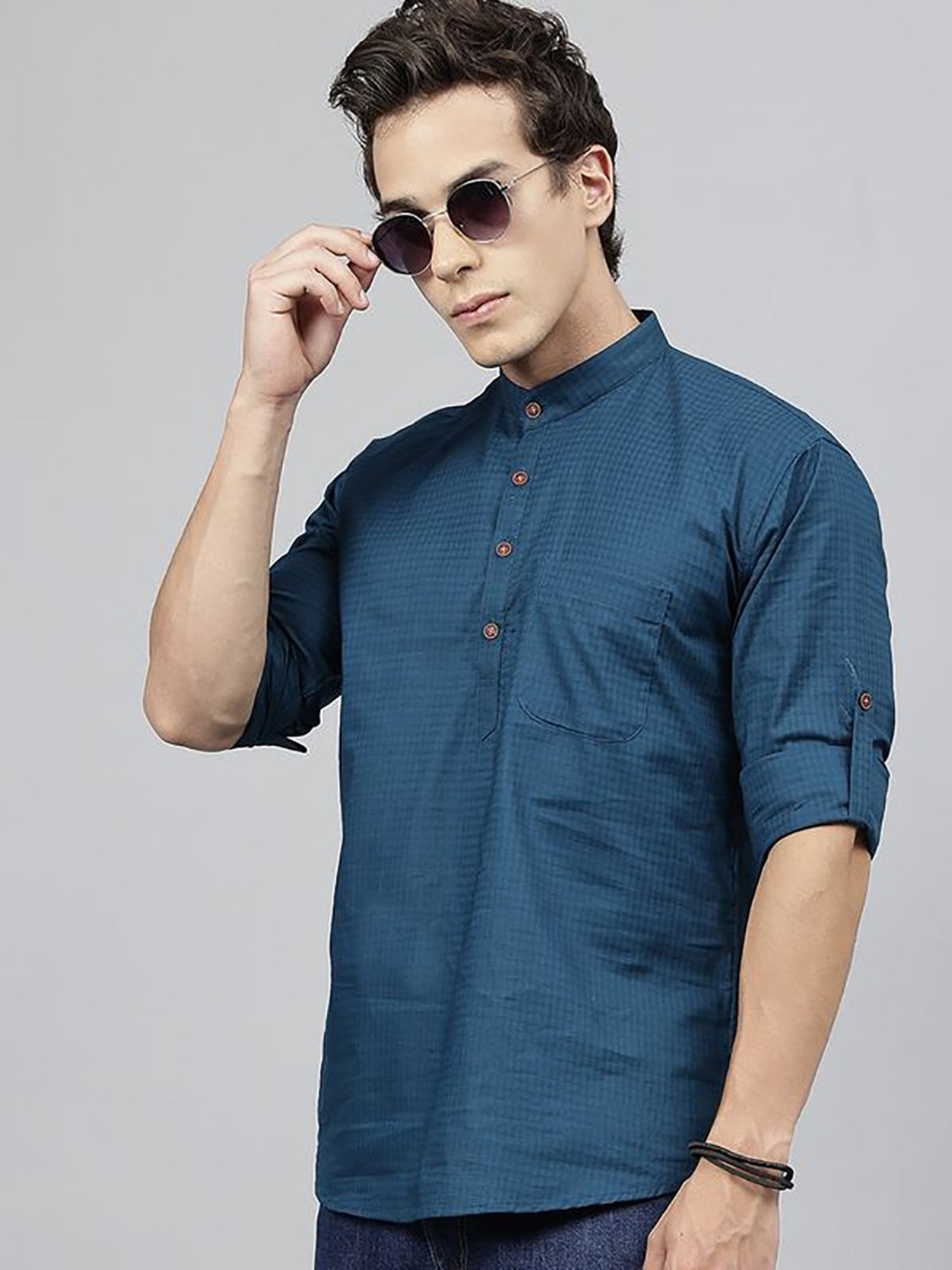 Hancock Turquoise Cotton Regular Fit Solid Kurtas