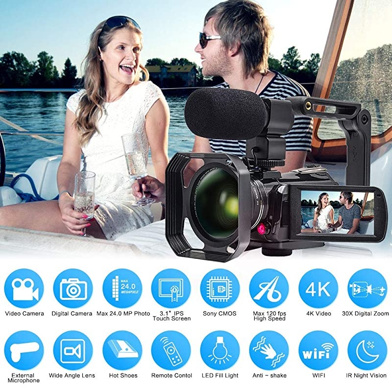 Video Camera 4K Camcorder  WiFi Ultra HD Vlog Camera for YouTube, 3.1'' IPS Screen 30X Digital Zoom Night Vision Video Recorder with Microphone, Wide Lens, Lens Hood, 32GB SD Card, 2 Batteries