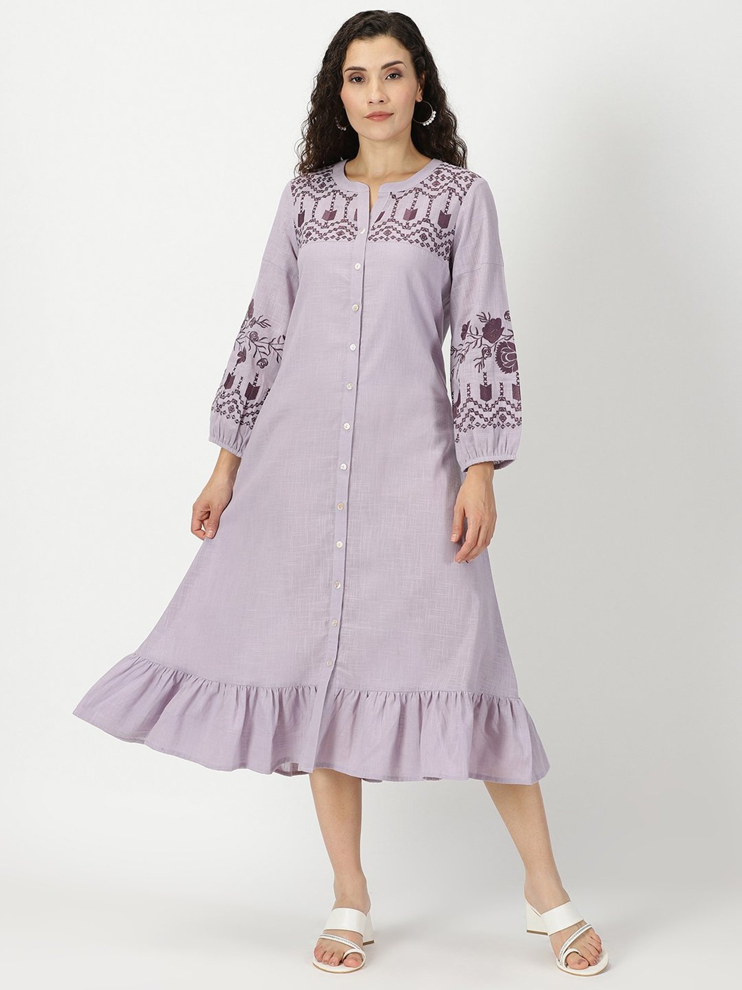 Saffron Threads Lilac Cotton Embroidered Ethnic Dress