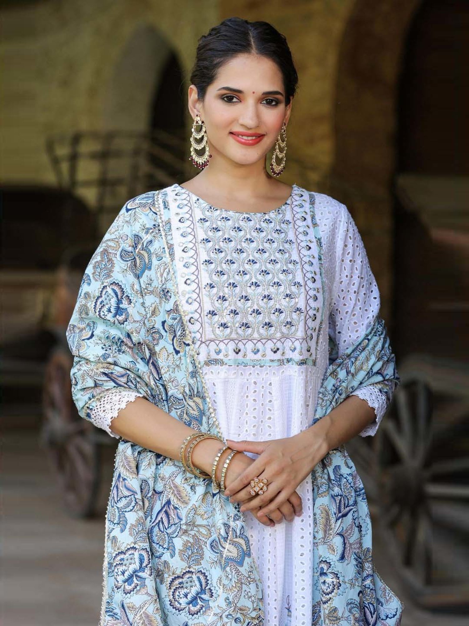 SCAKHI Pearl White Cotton Embroidered Kurta Pant Set With Dupatta