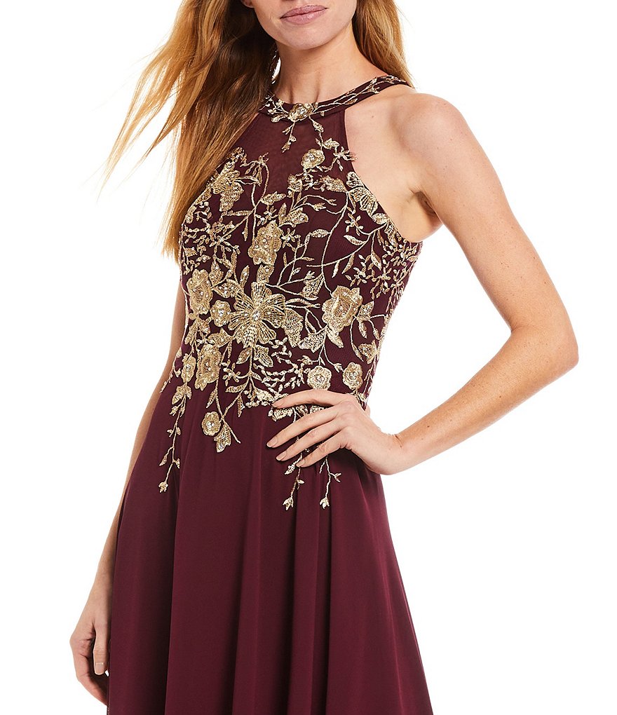 Betsy & Adam Halter Floral Embroidered Sleeveless Chiffon Gown