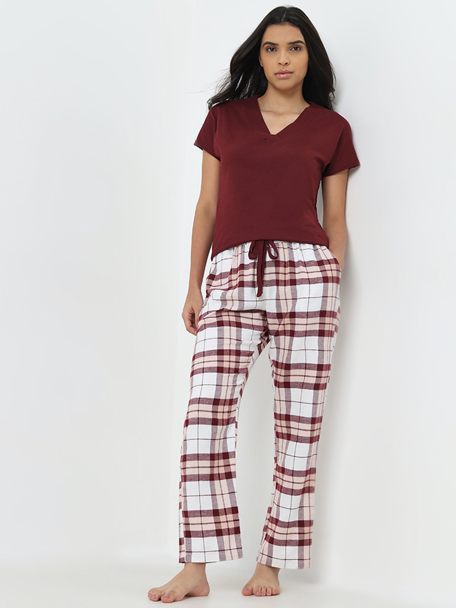 Wunderlove by Westside Burgundy Checkered Mid-Rise Cotton Lounge Pants