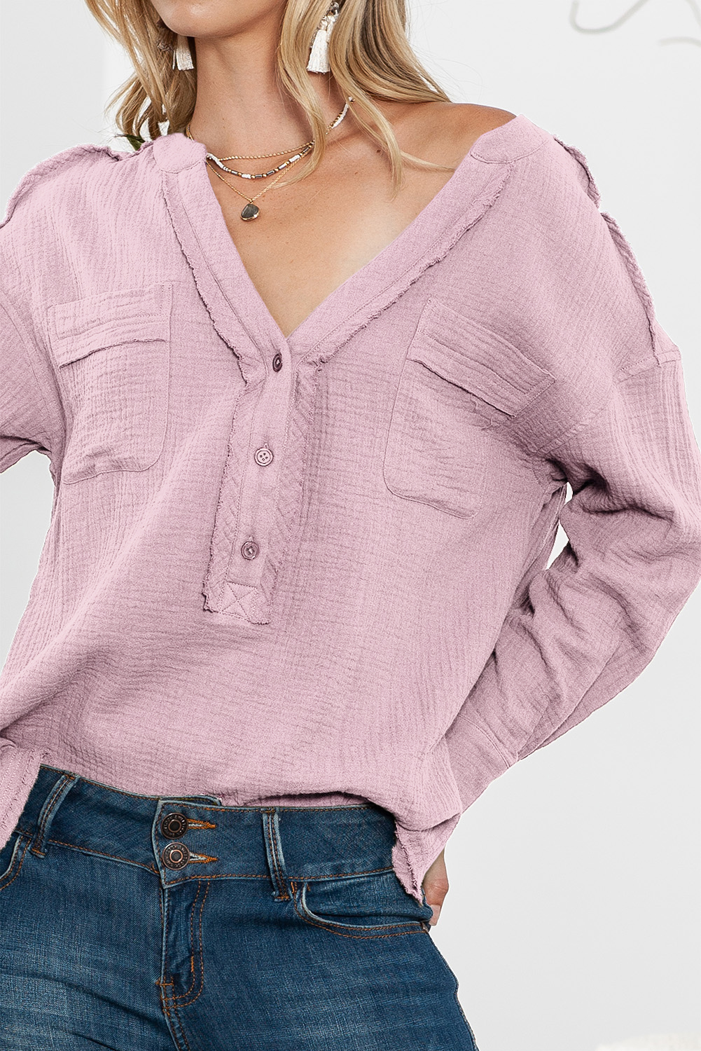 Pink Gauze Raw Hem Long Sleeve Henley Top