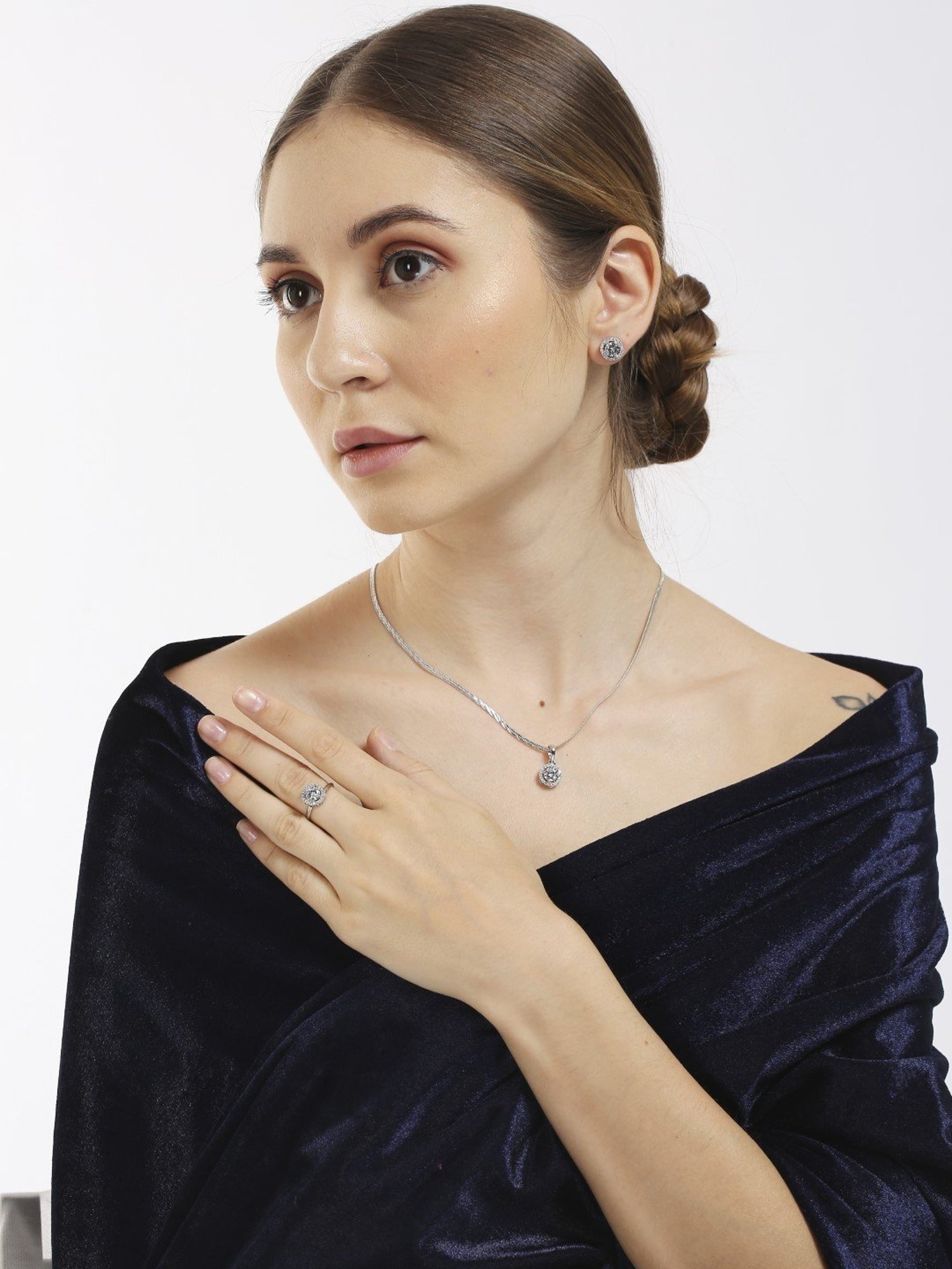 OOMPH Silver Tone Solitaire Cubic Zirconia Ear Stud Earrings, Ring & Pendant Set