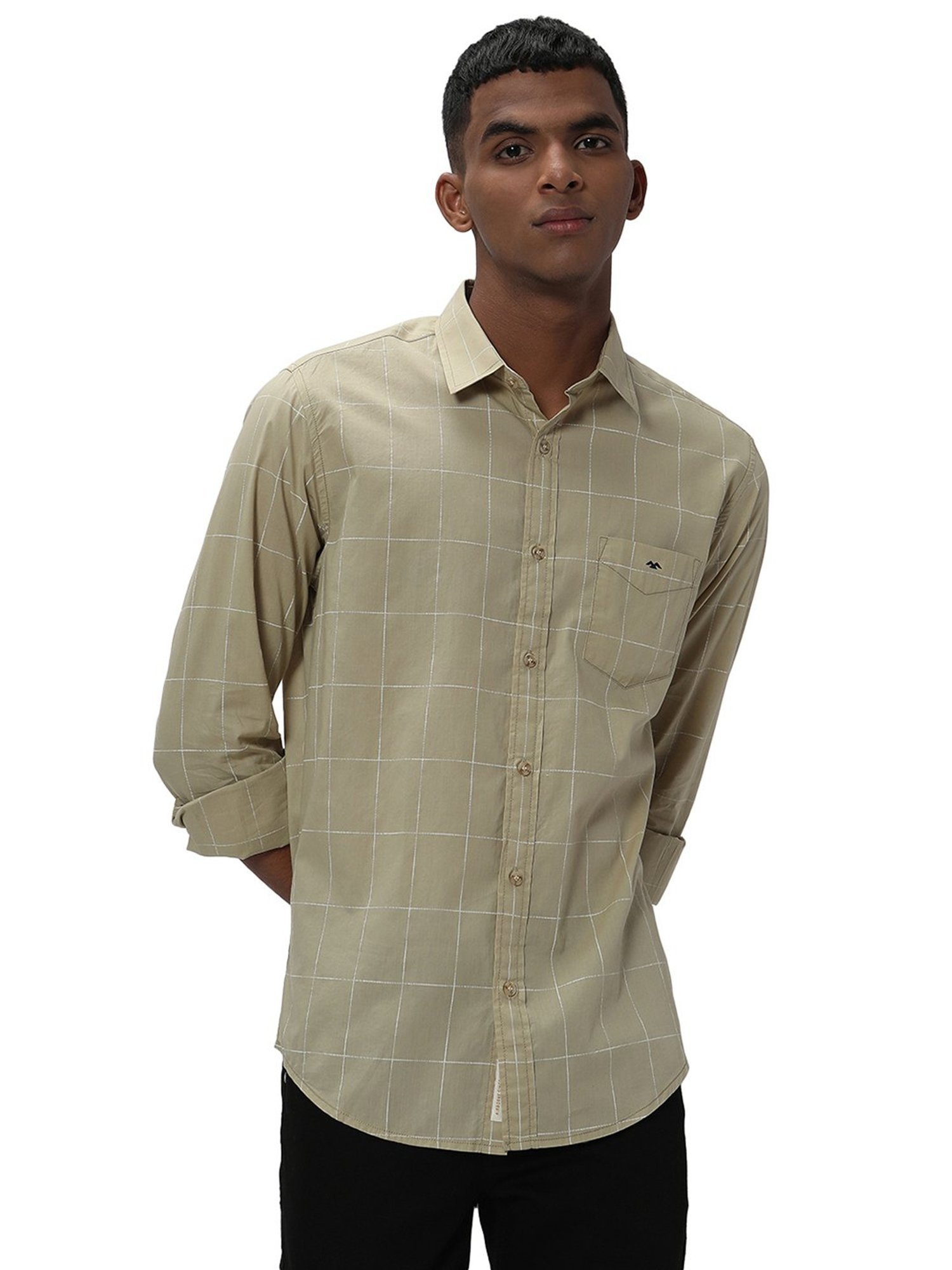 Mufti Light Khaki Slim Fit Check Cotton Shirt