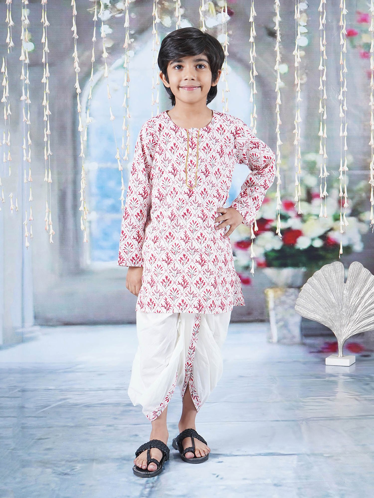 Little Bansi Kids White & Pink Printed Kurta with Dhoti