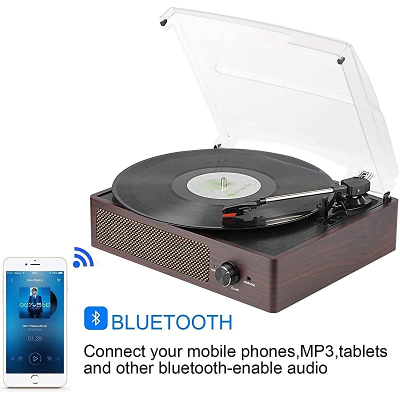 Record Player Belt-Driven 3-Speed Turntable, Vintage Vinyl Record Players Built-in Stereo Speakers, with Headphone Jack/ Aux Input/ RCA Line Out, Wooden (Brown)