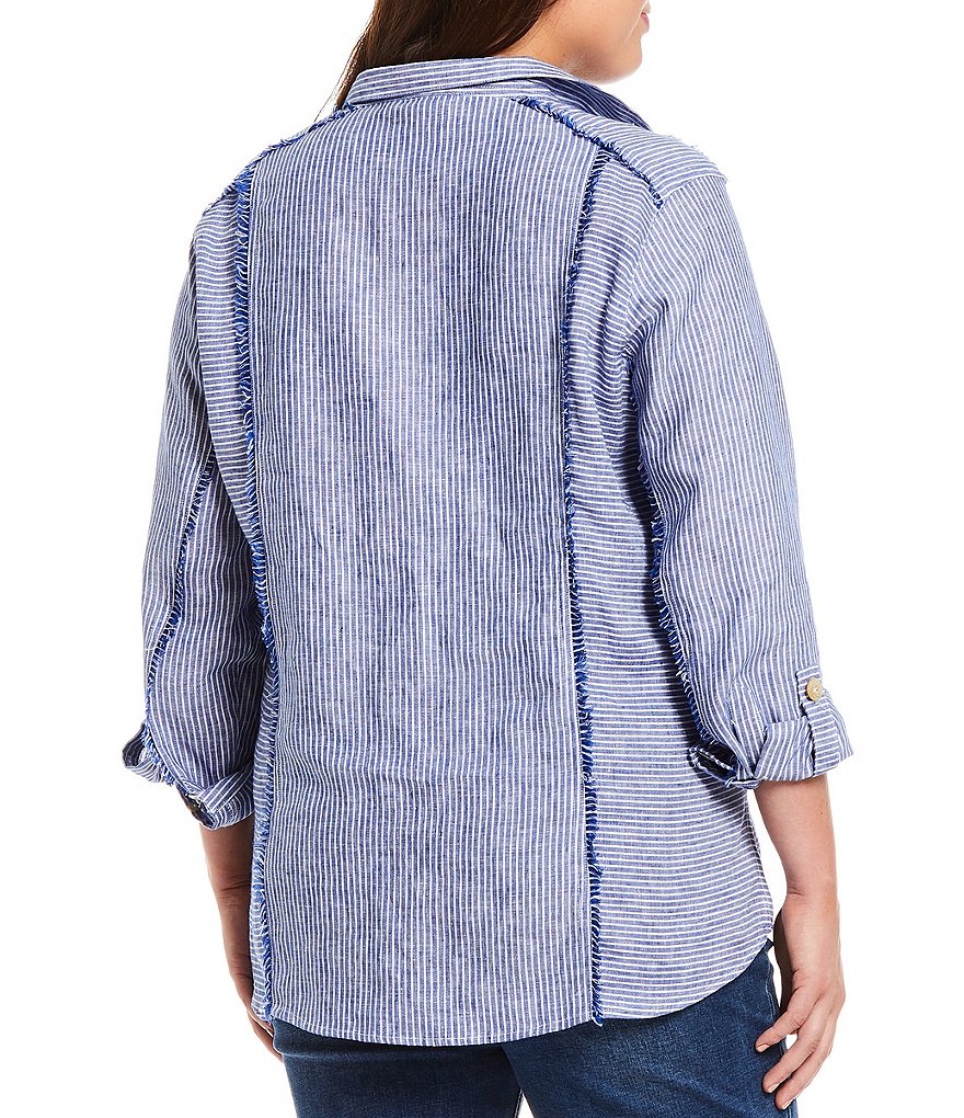 John Mark Plus Size Yarn Dye Stripe Fringe Trim Wire Point Collar Neck Button Down Roll-Tab Long Sleeve Blouse