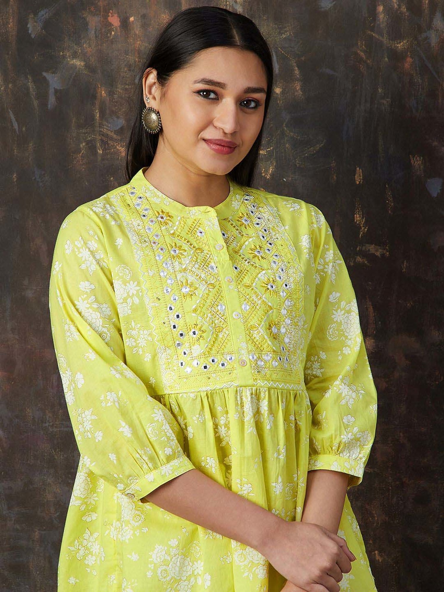 Melange by Lifestyle Yellow Cotton Embroidered Tunic