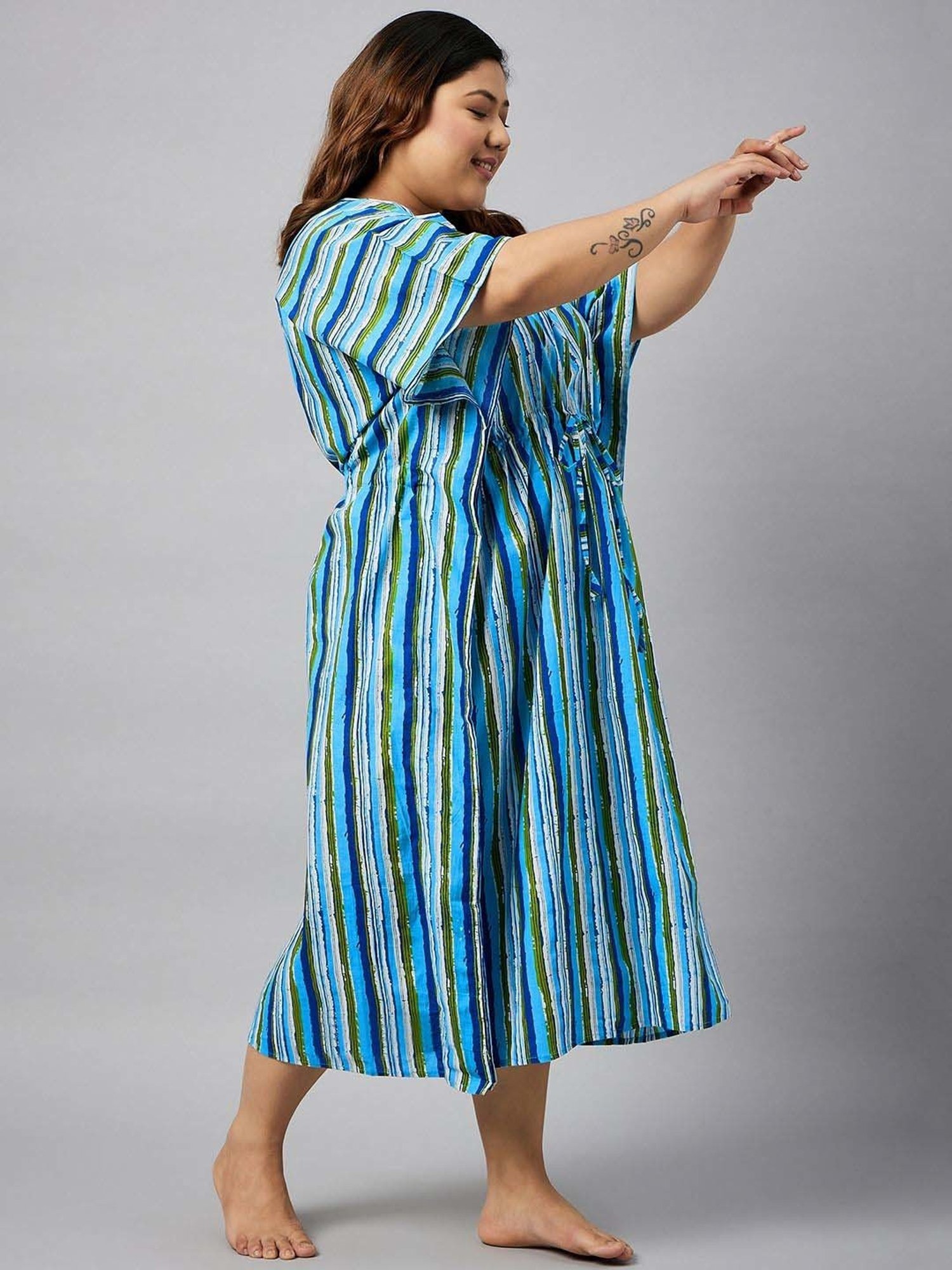 Secrets By ZeroKaata Peacock Blue Cotton Printed Kaftan