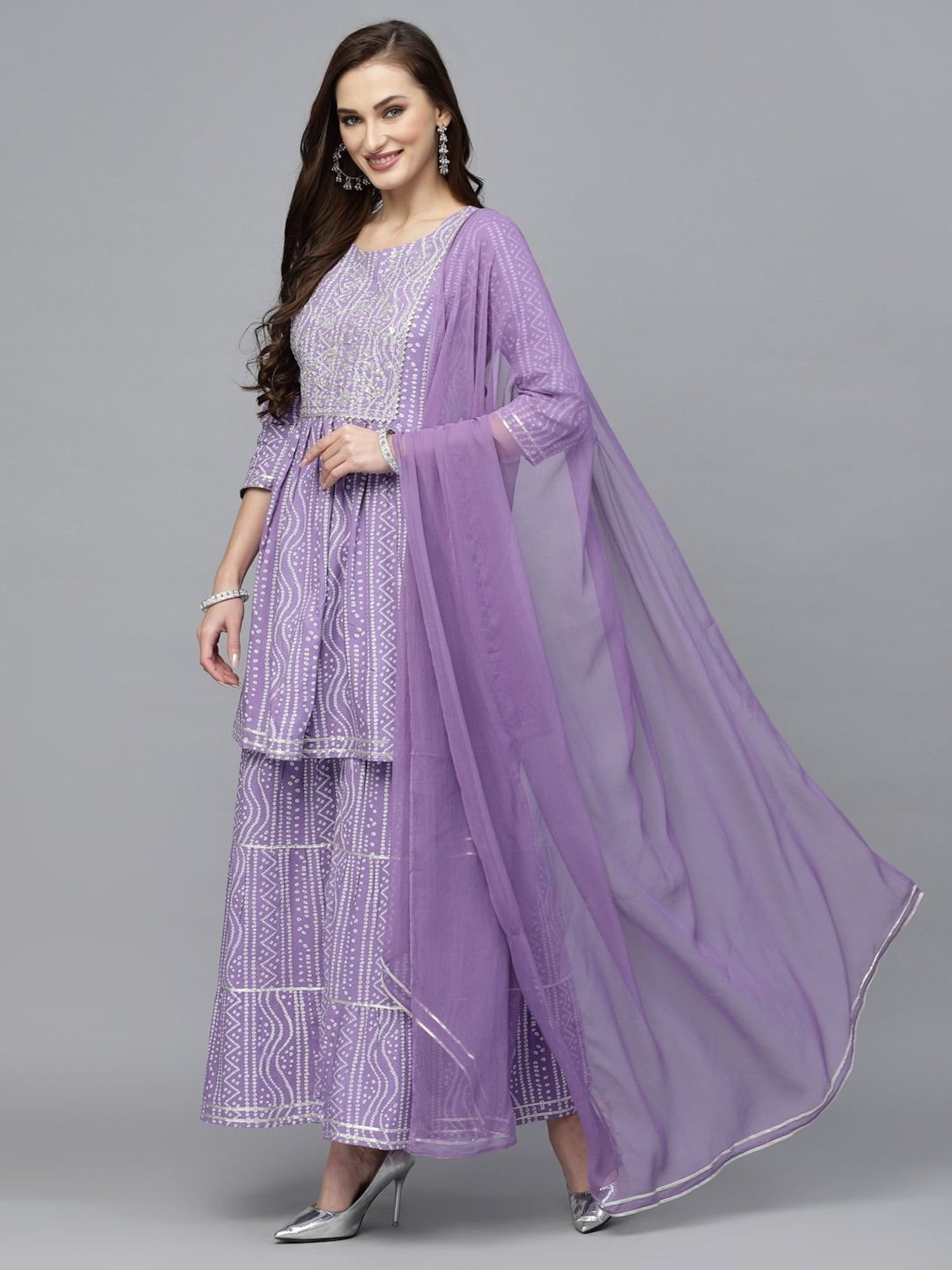 Stylum Purple Bandhani Print Kurti Sharara Set With Dupatta