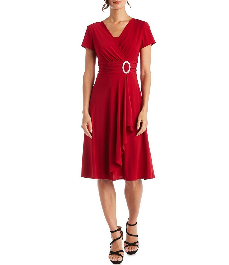 R & M Richards Faux Wrap V-Neck Embellished Waist Short Sleeve Dress