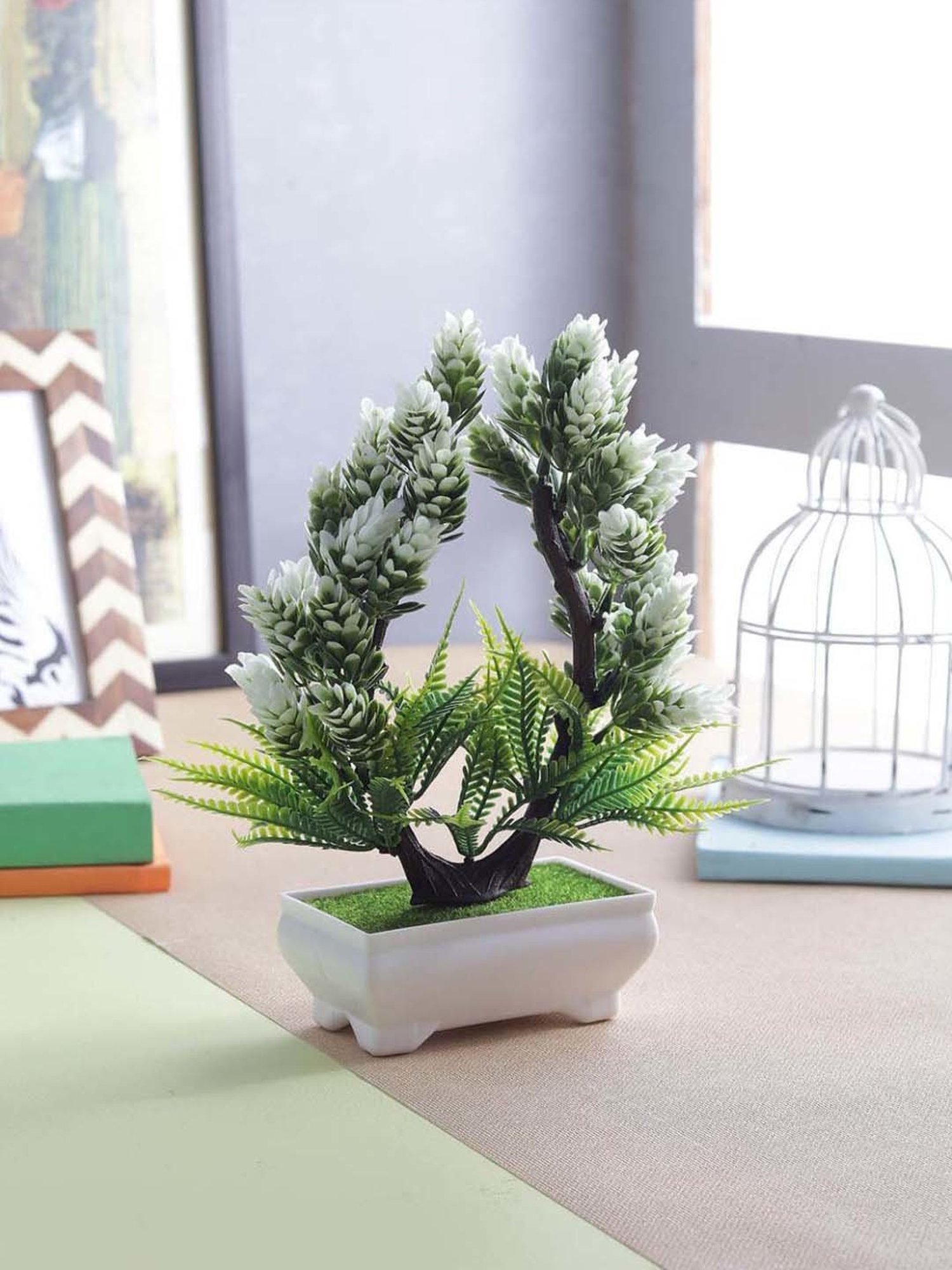 Foliyaj White & Green Plastic Artificial Plant With Buds