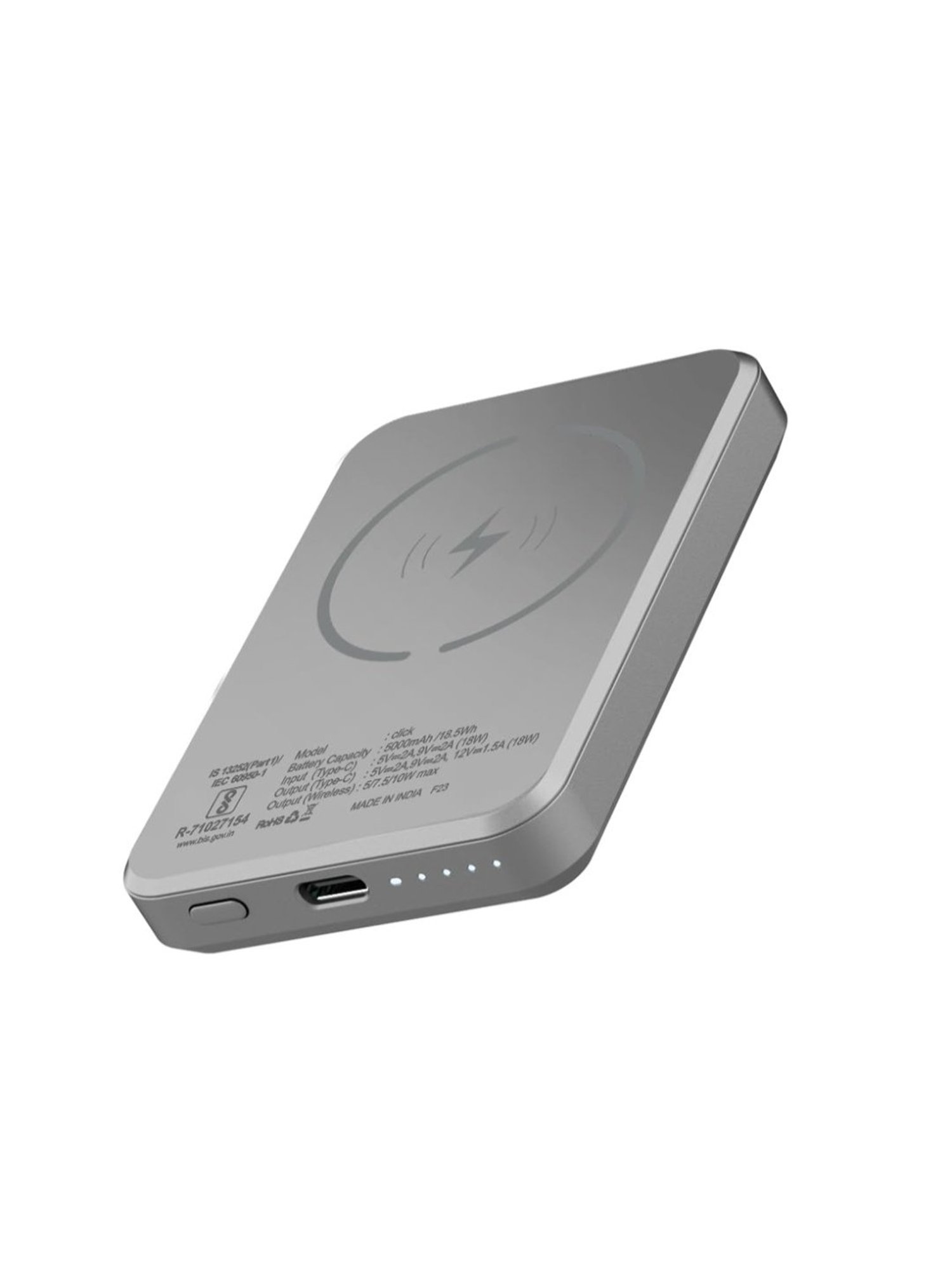 Stuffcool Click 5000mAh Magnetic Wireless Powerbank with 18W PD Type C Port (Metallic Grey)