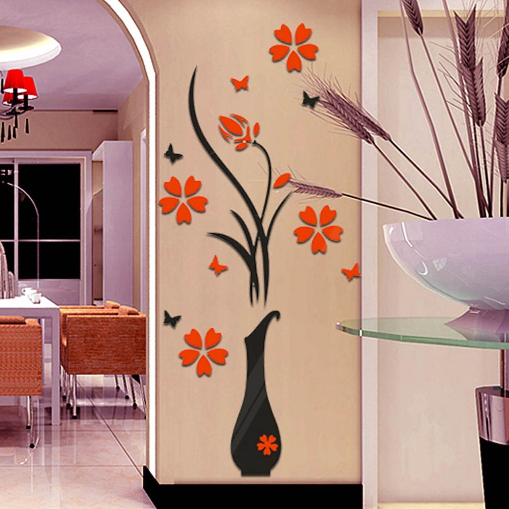 Removable 3D Plum Vase Wall Stickers Living Room TV Background Wall Decals Mural Home Decor Size XS (PV-001)