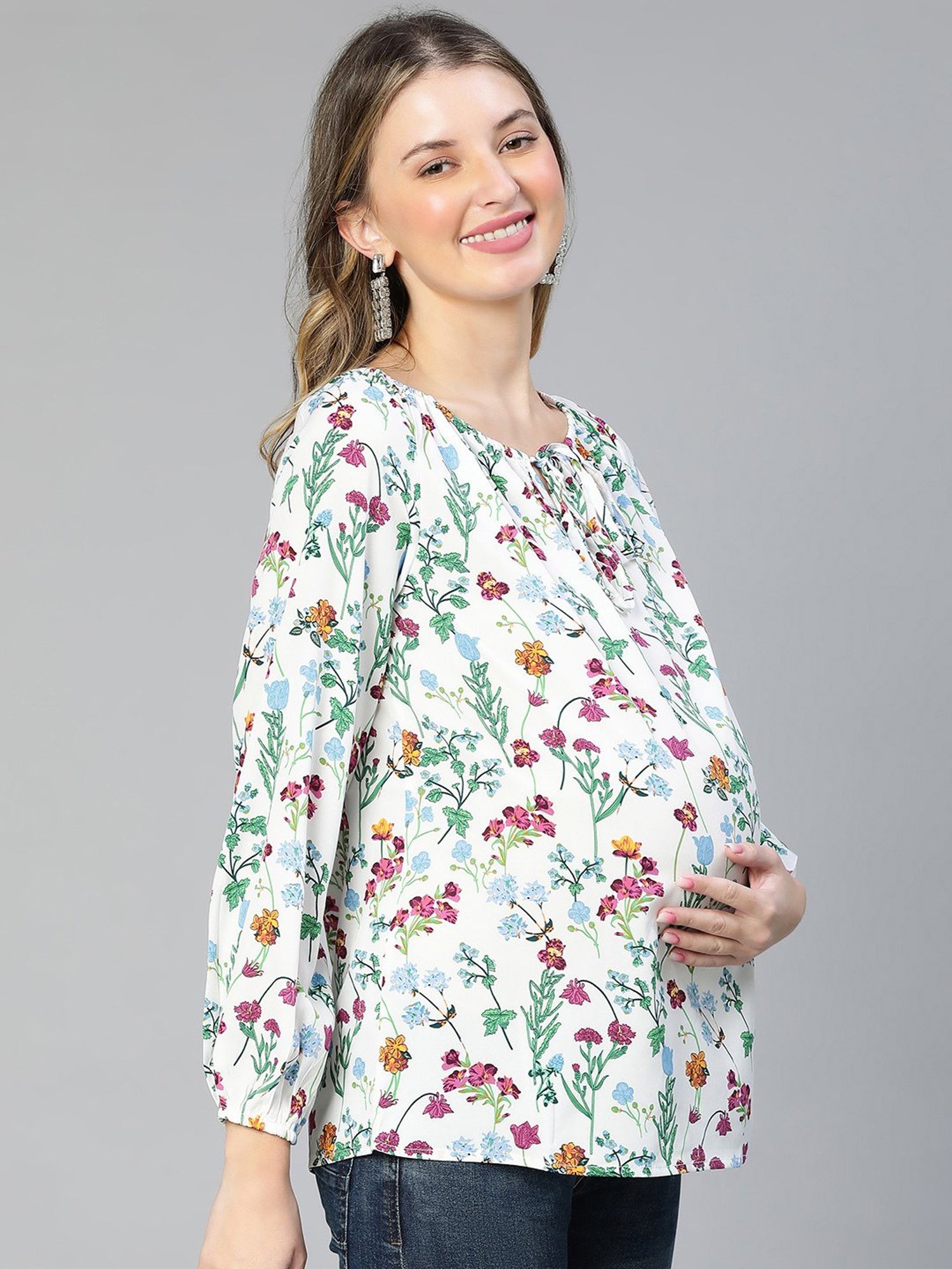 Oxolloxo White Floral Print Maternity Top