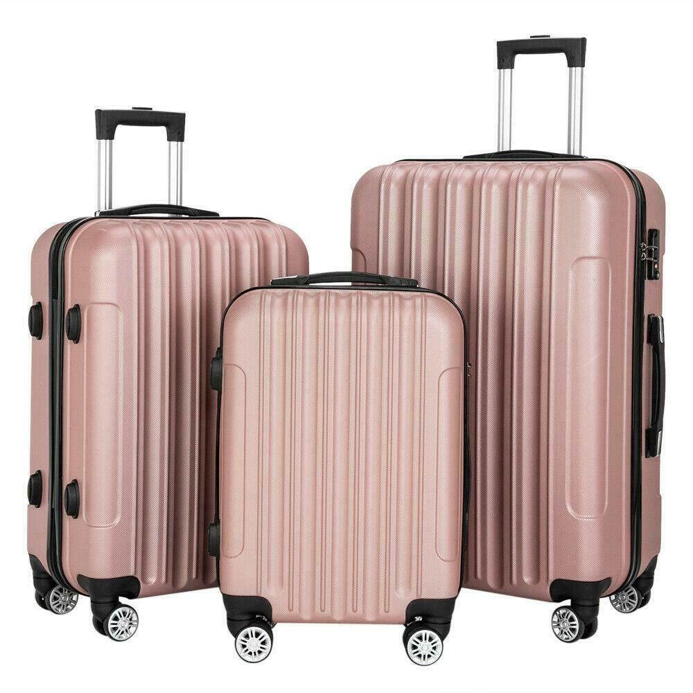 Lot3 Luggage Travel Set Bag ABS Trolley Hard Shell Suitcase w/TSA lock Rose Gold