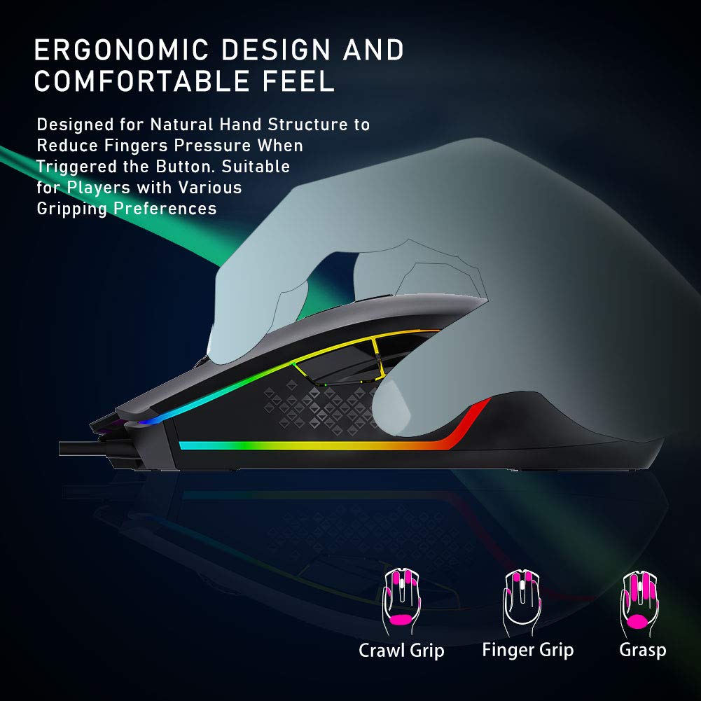 AULA RGB Gaming Mouse with Side Buttons Macro Programming 10000 DPI Adjustable 14 Key Wired USB Backlit Mouse for Desktop Laptop - H510 White