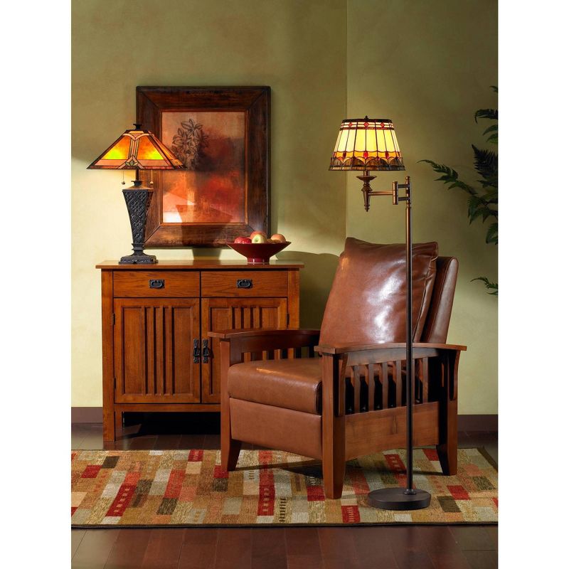 Robert Louis Tiffany Mission Table Lamp Bronze Wicker Pattern Stained Art Glass Shade for Living Room Family Bedroom Bedside