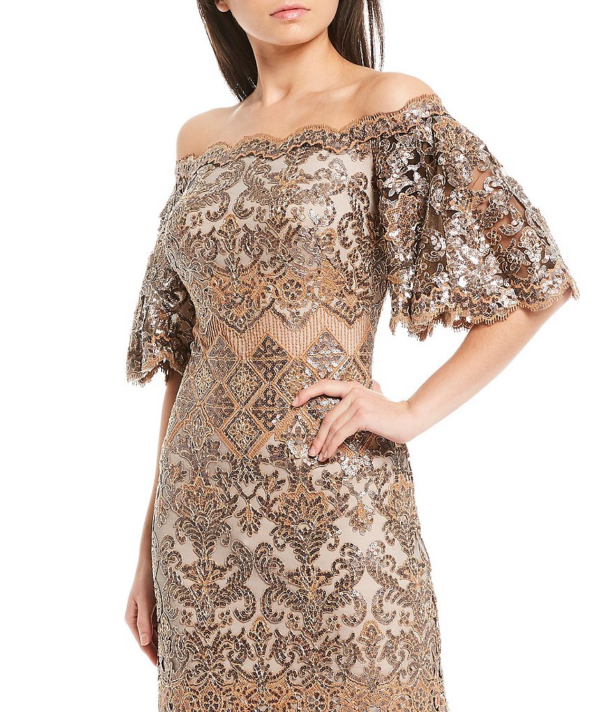 Tadashi Shoji Off-the-Shoulder Sequin Lace Scalloped Hem Gown