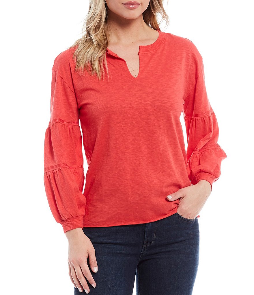 Democracy Notch Neck 3/4 Tiered Puffed Sleeve Knit Top