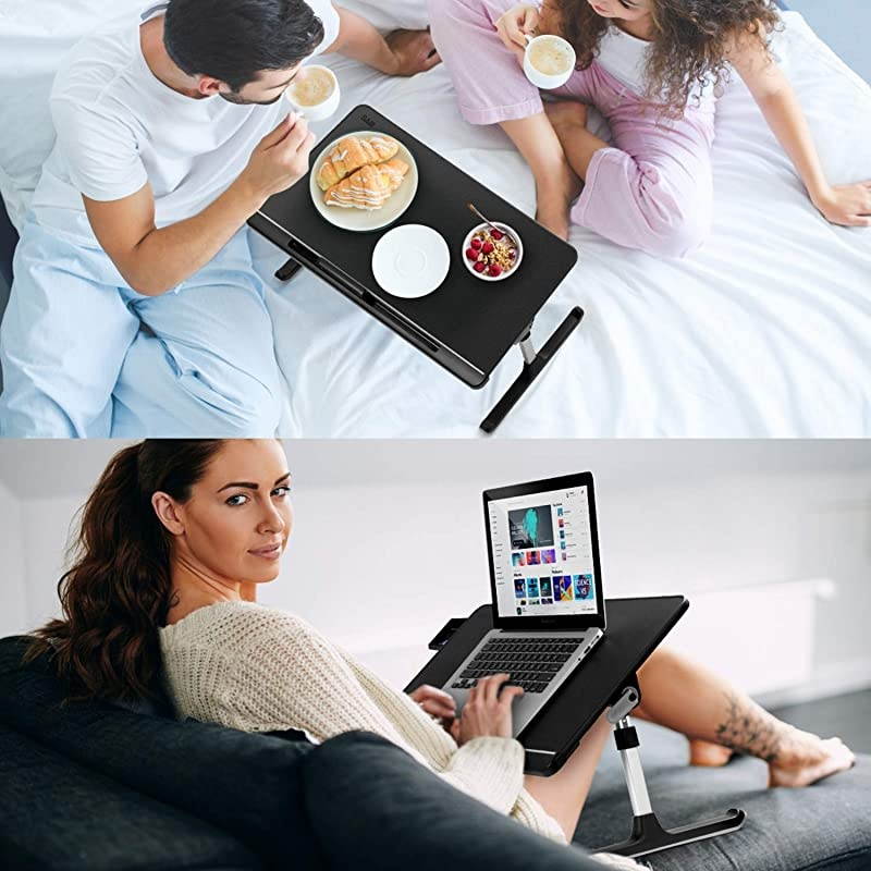 Laptop Table Stand Desk Adjustable PVC Leather Laptop Bed Table Portable Standing Desk with Storage Drawer Foldable Lap Tablet Desk for Sofa Couch Floor LargeBlack