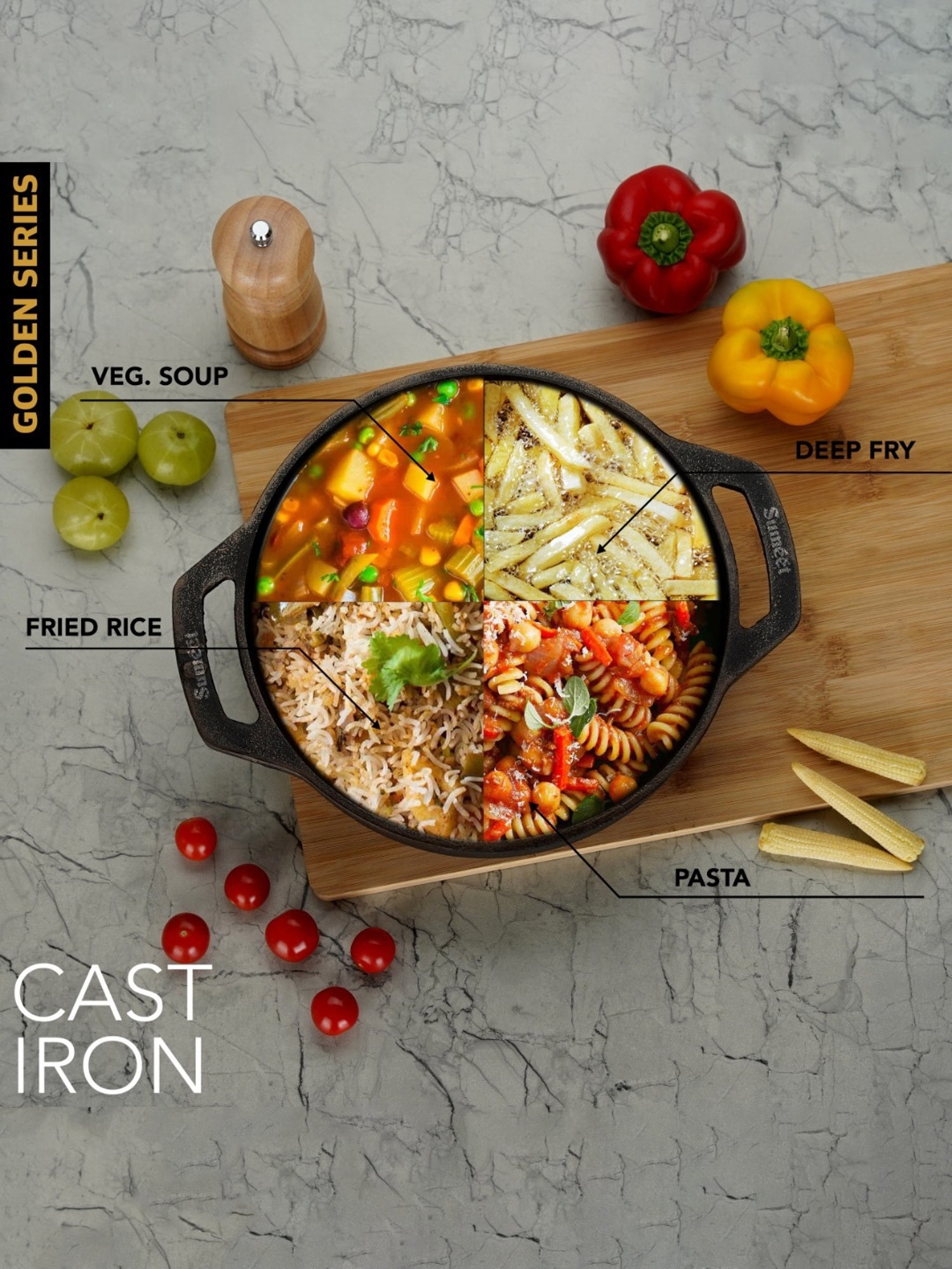 Sumeet Gold Pre Seasoned Cast Iron Kadai for Deep Fry 2.7 Ltr, 25cm-2.670kg,Gas & Induction-Friendly