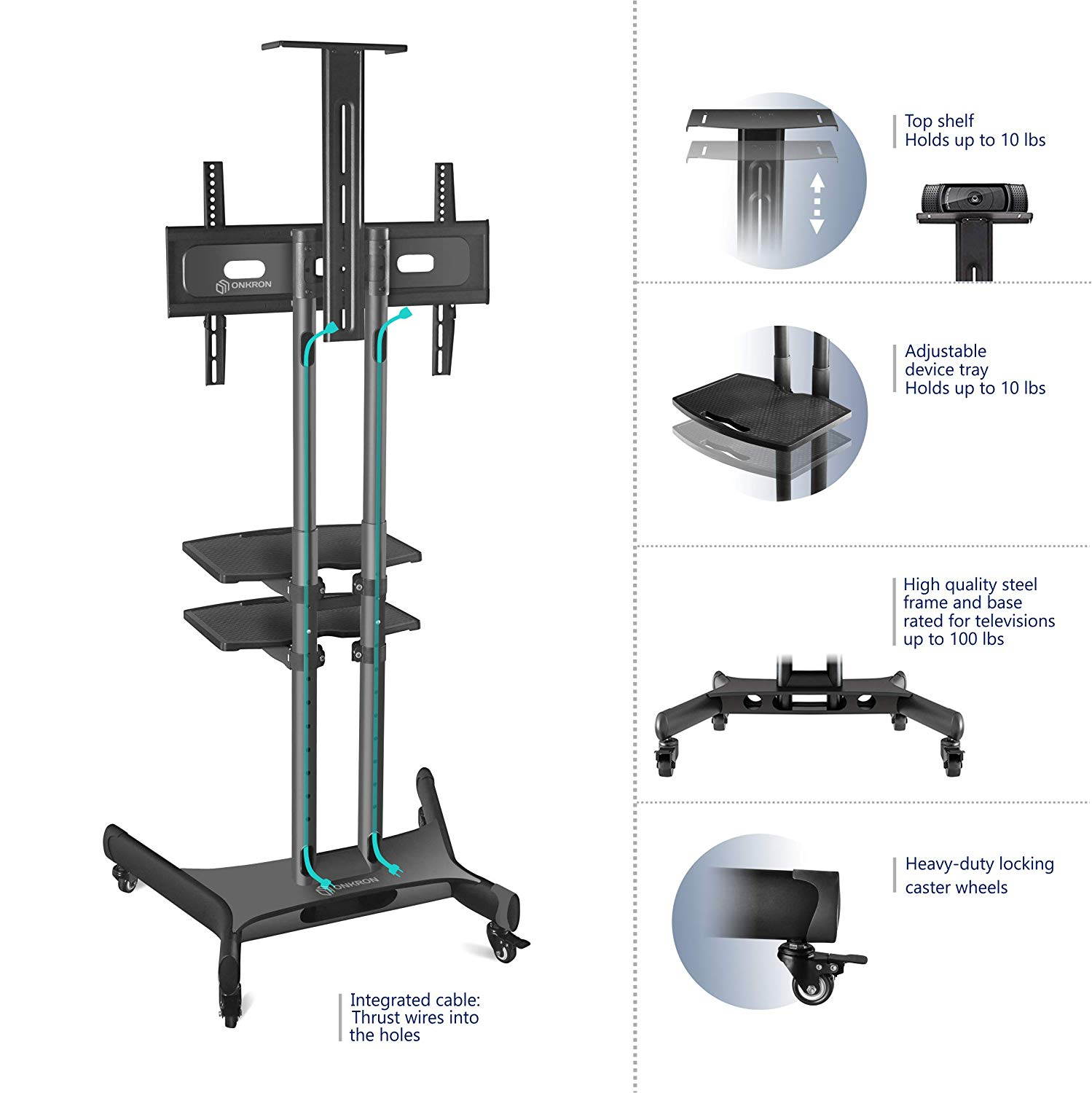 ONKRON Mobile TV Stand TV Cart with wheels & 2 AV Shelves for 32&rdquo; &ndash; 65 inch LCD LED OLED Flat Panel Plasma Screens up to 100 lbs Black TS1552