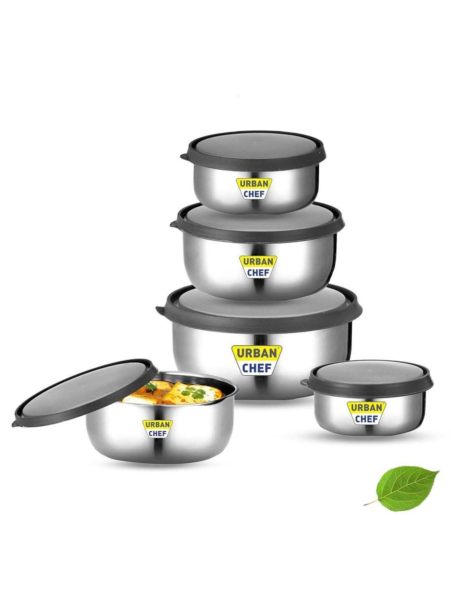 Urban Chef Transparent Stainless Steel Fresca Push & Lock Bowl Storage Set With Lid - Set of 5