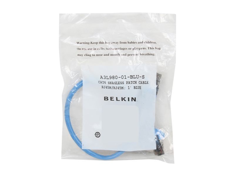 Belkin A3L980-01-BLU-S 1 ft. Patch Cable CAT6 Snagless RJ-45M / RJ-45M