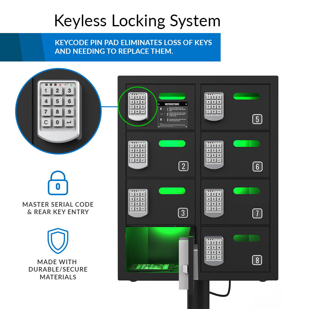 ChargeTech 8 Bay Secure Cell Phone Charging Locker, (16) Braided Cables, Keyless (PL8)