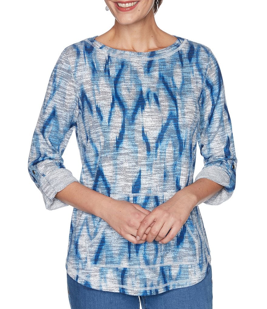 Ruby Rd. Ikat Print Brushed Knit Ballet Neck Roll-Tab Sleeve Kangaroo Pocket Pullover