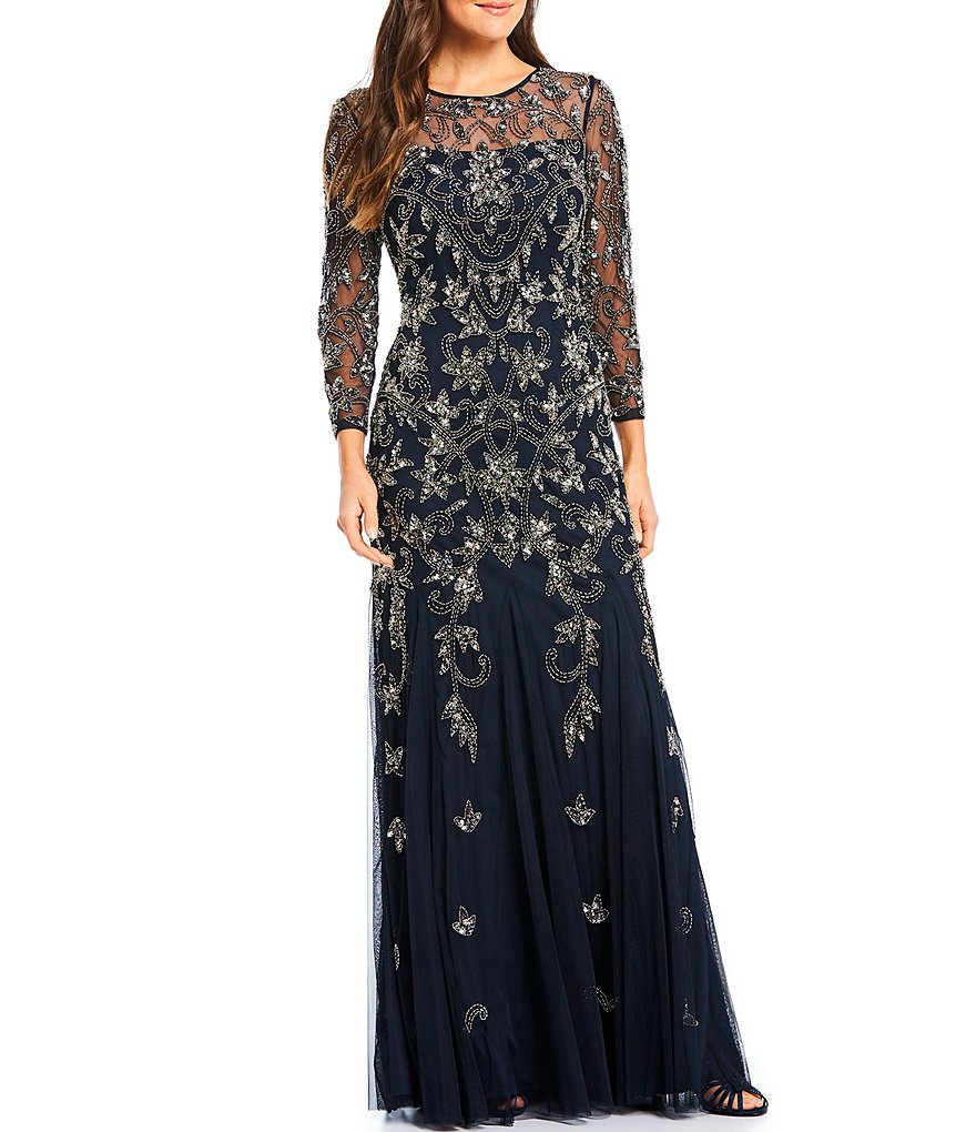 Adrianna Papell Beaded Illusion 3/4 Sleeve Gown