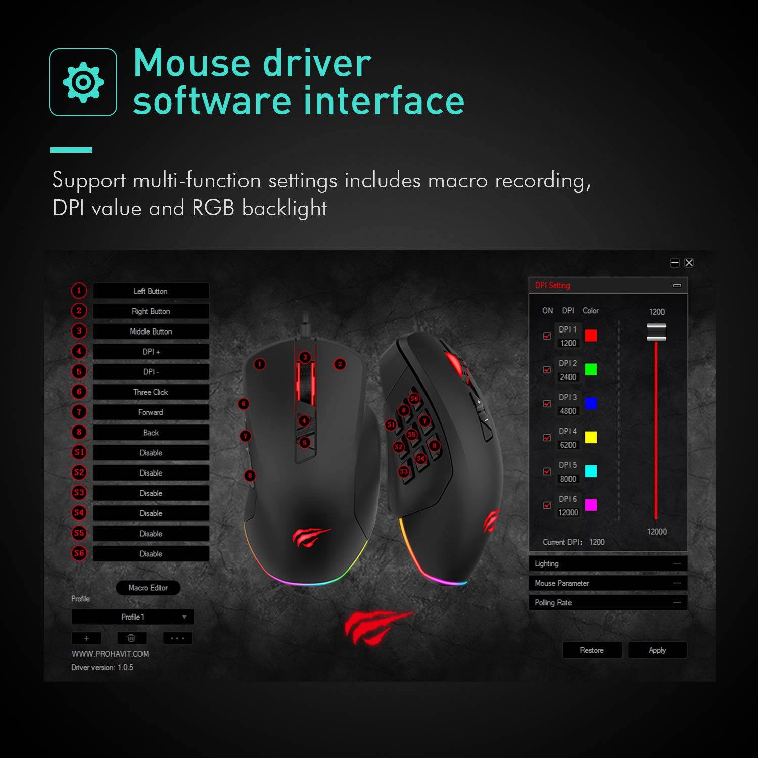Havit Gaming Mouse 5000 DPI Computer Ergonomic Wired Mice with 14 Programmable Buttons Interchangeable Side Plates (8 Buttons/ 8+6 Side Buttons Mouses), 2 Replaceable Right Plates for Laptop PC Gamer