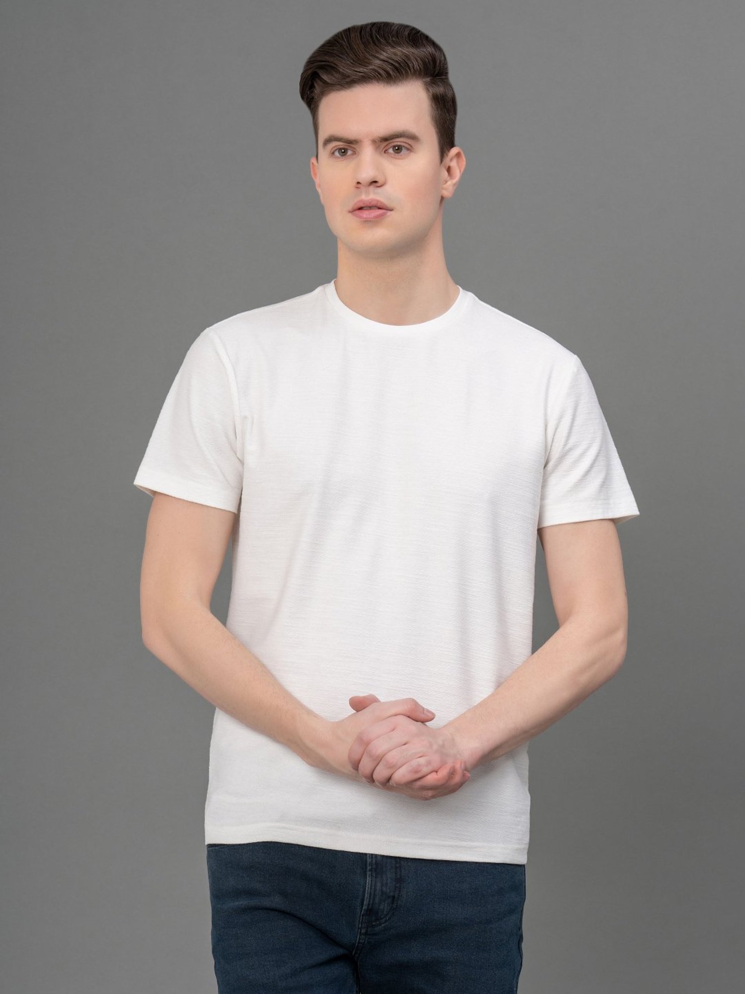 Red Tape White Regular Fit Self Design Crew T-Shirt