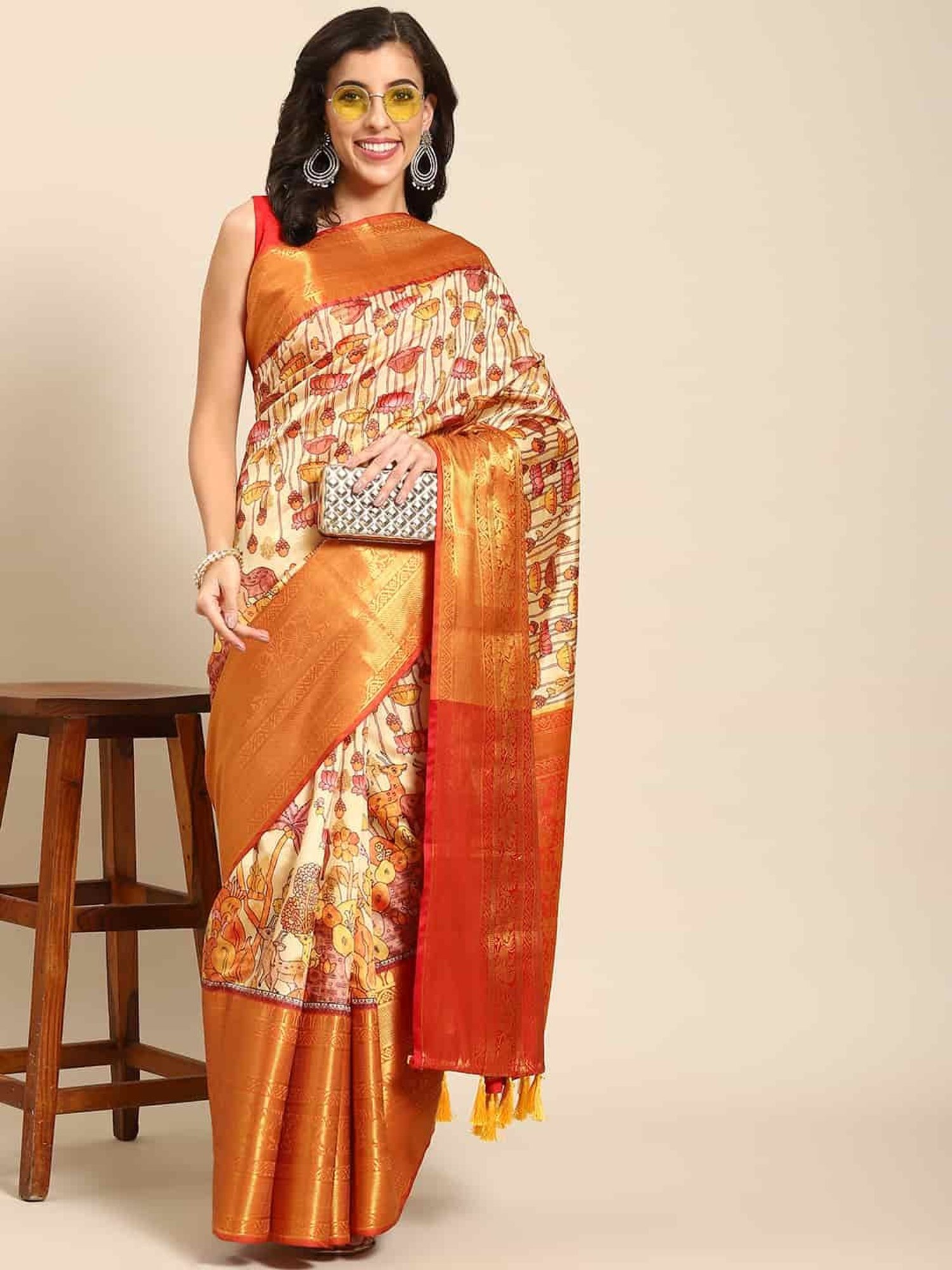 Silk Land Beige & Orange Silk Floral Print Saree With Unstitched Blouse