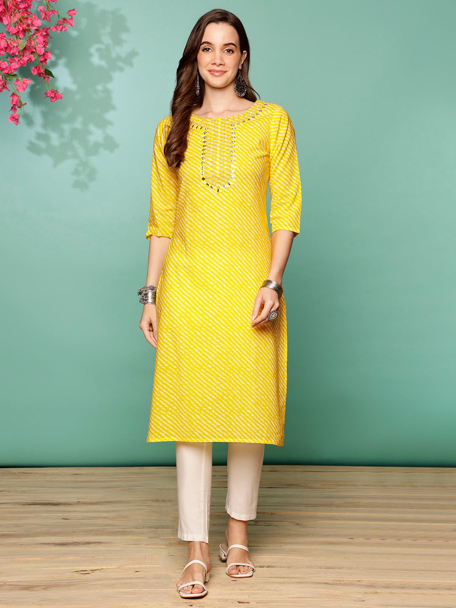 Rangita Yellow & White Cotton Striped Kurta Pant Set