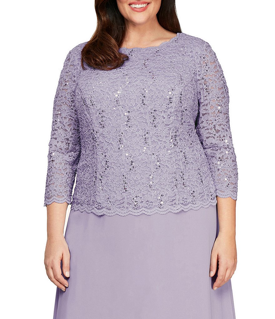 Alex Evenings Plus Size Boat Neck 3/4 Sleeve Sequin Lace Scalloped Hem Bodice Chiffon Skirted Dress