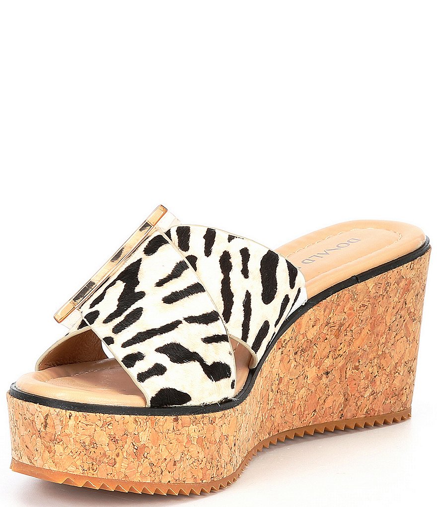 Donald Pliner Illiad Leopard Print Calf Hair Buckled Cork Wedge Slides