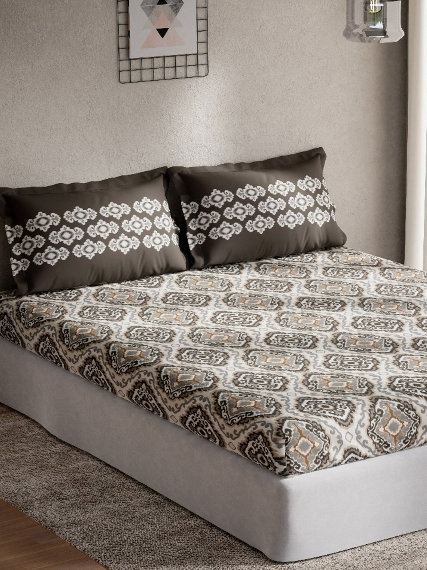 DDecor Ethnic Grey 144 TC Cotton Queen Bedsheet with 2 Pillow covers