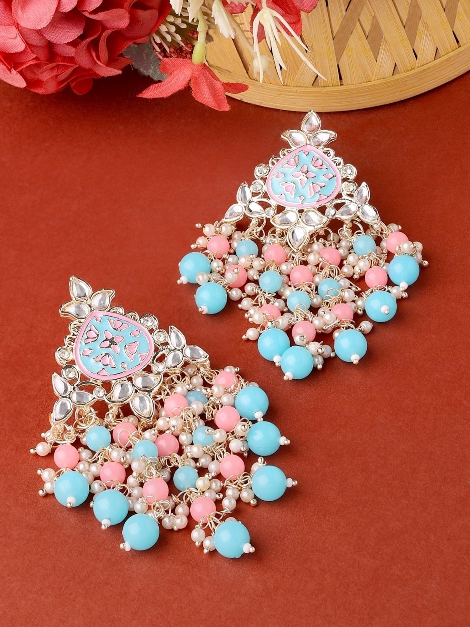 Zaveri Pearls Pink & Turquoise Meenakari Cascading Waterfall Beads Drop Earring-ZPFK14845