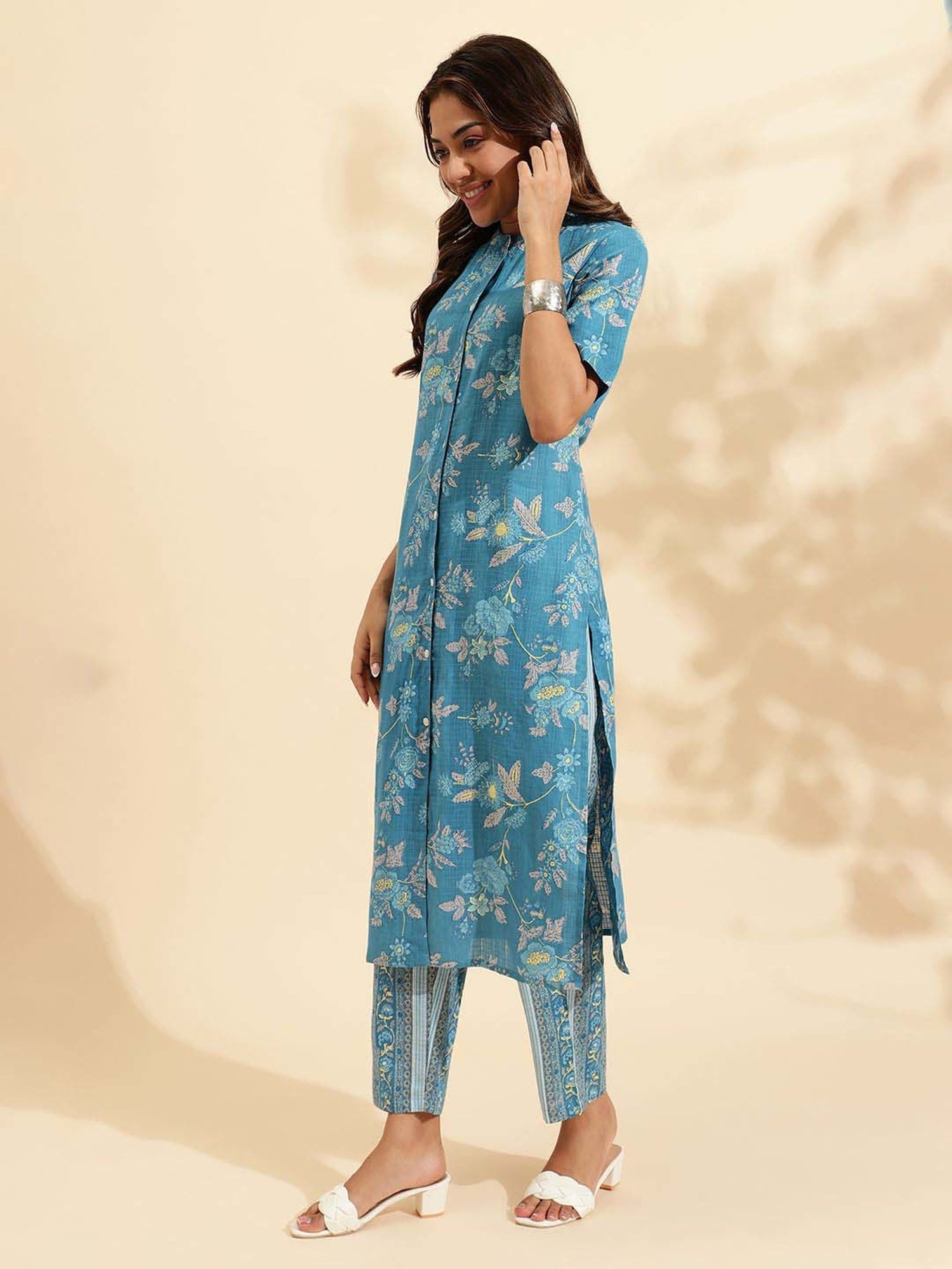 Sringam Blue Cotton Printed Kurta & Pant Set